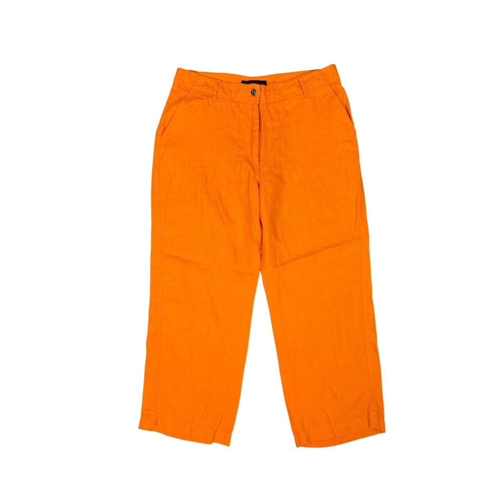 100% Linen Bright Orange Wide Leg Capri Pants Size 6 Summer Coastal Beach Casual